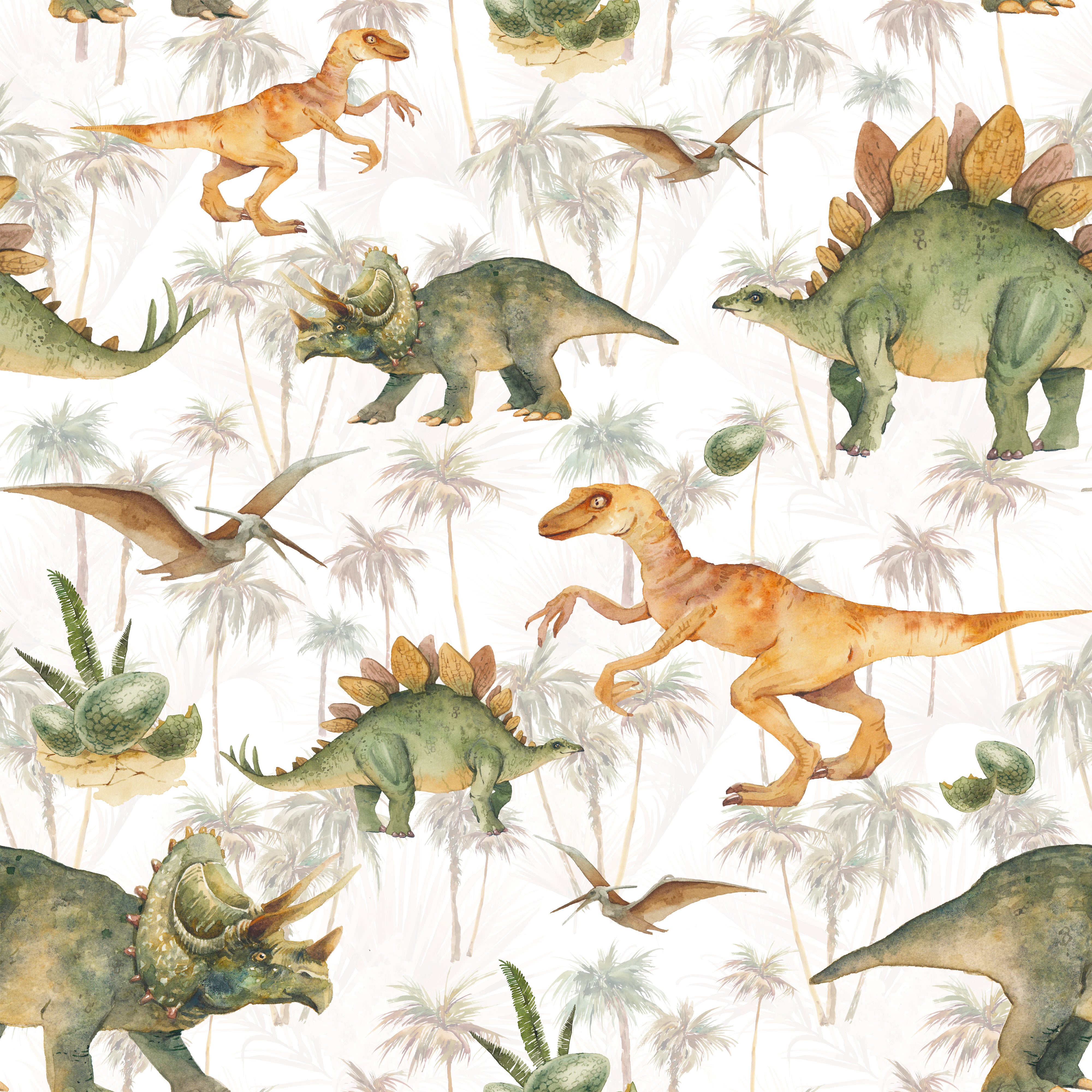 earth toned dinosaurs in greens and oranges, children's bedroom and nursery decor