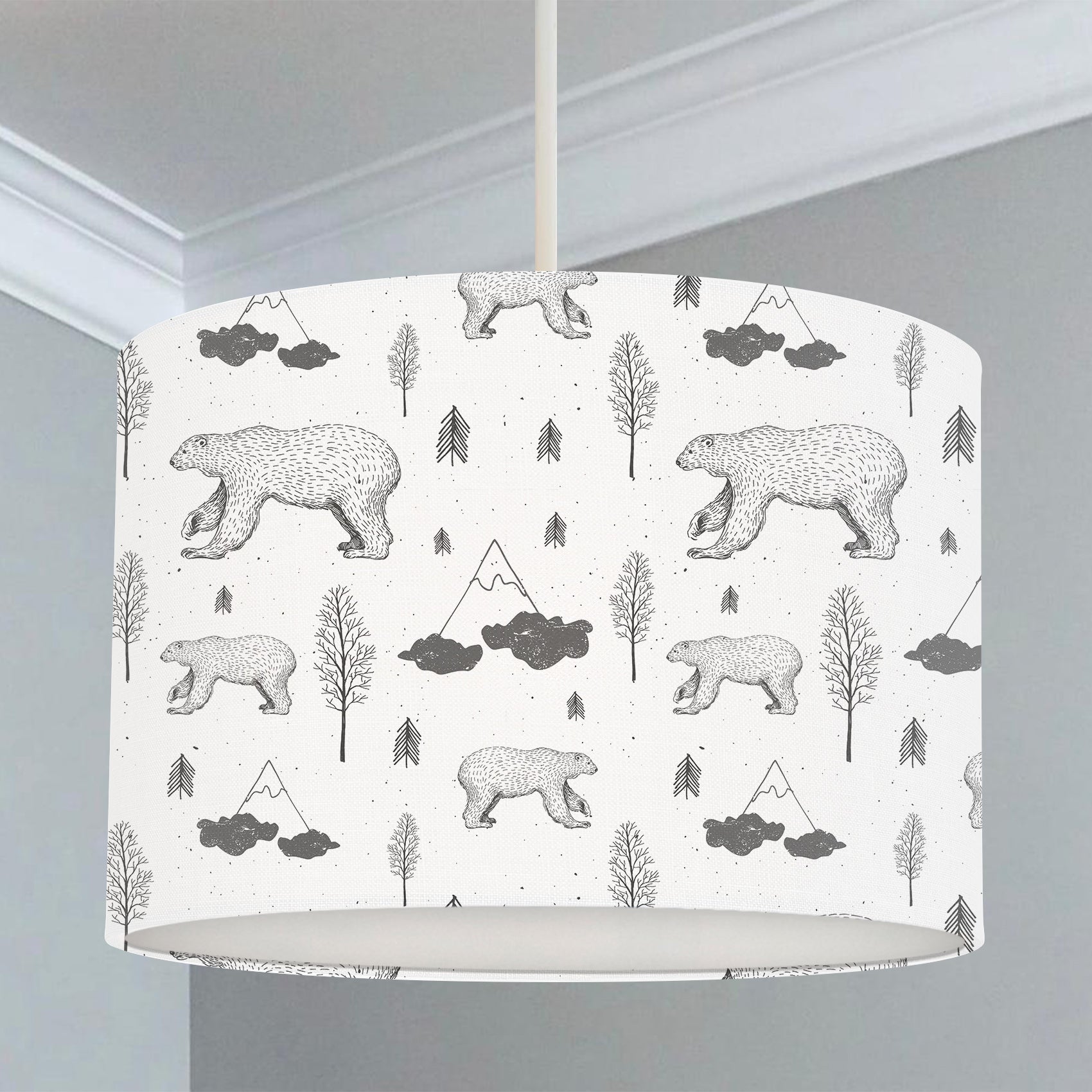 Monochrome bear and mountains children's bedroom and nursery lampshade black and white.