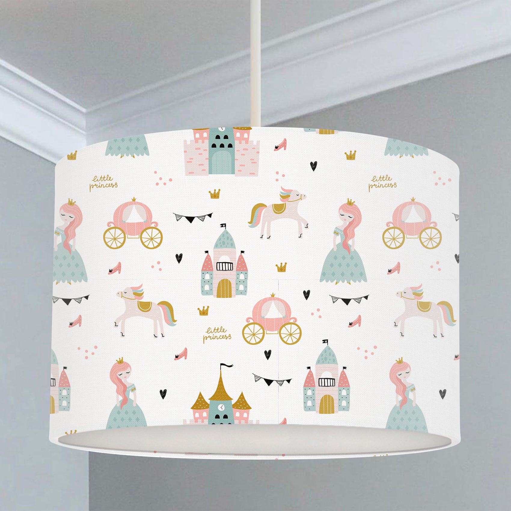 Children's bedroom and nursery lampshade featuring princesses, unicorns, carriages and castles in pink, mint green and gold.