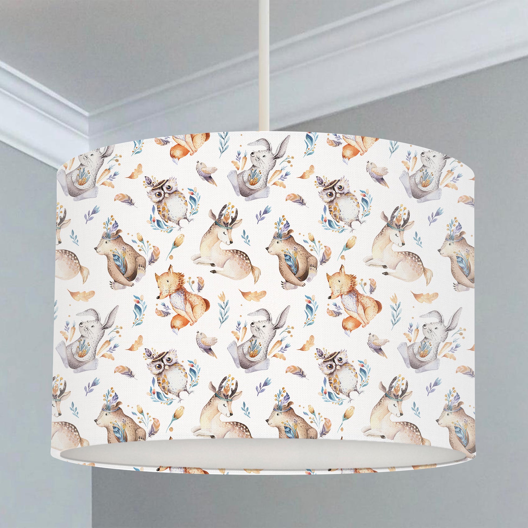 Feathered boho woodland animals children's bedroom nursery lampshade