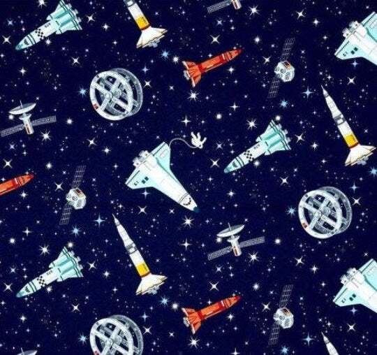 Makower Galaxy Rockets Dark Blue 100% Cotton Fabric