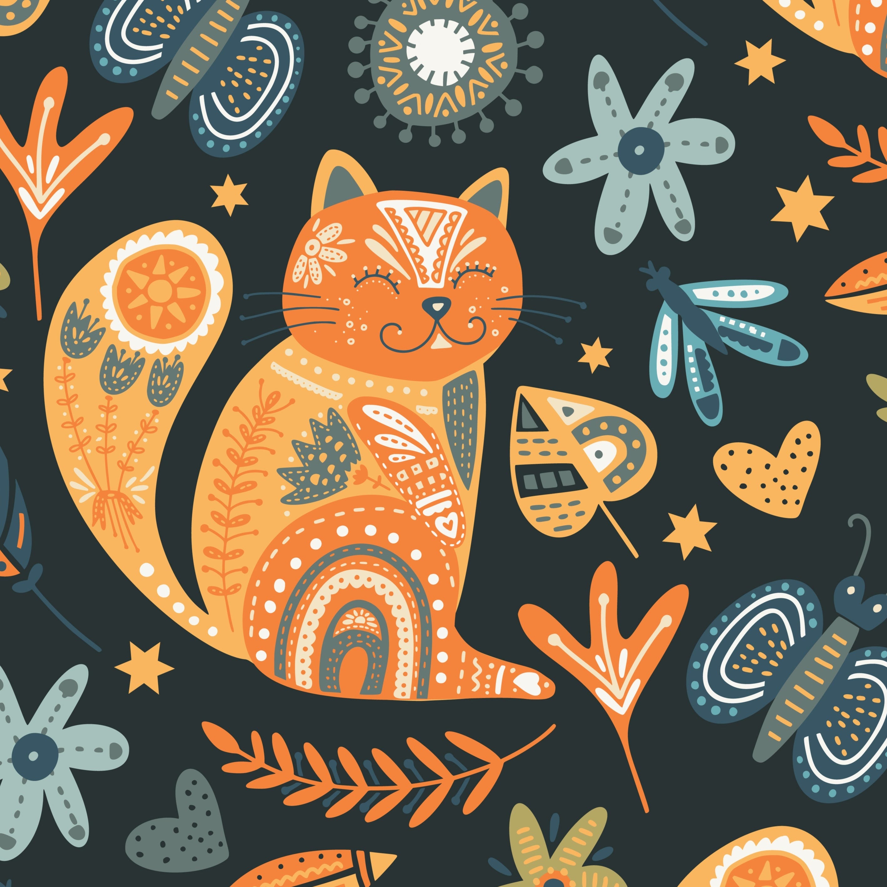 This handmade lampshade features a boho inspired pattern of content little pussy cats among leaves, florals and butterflies in tones of orange, blue and green on a black background.