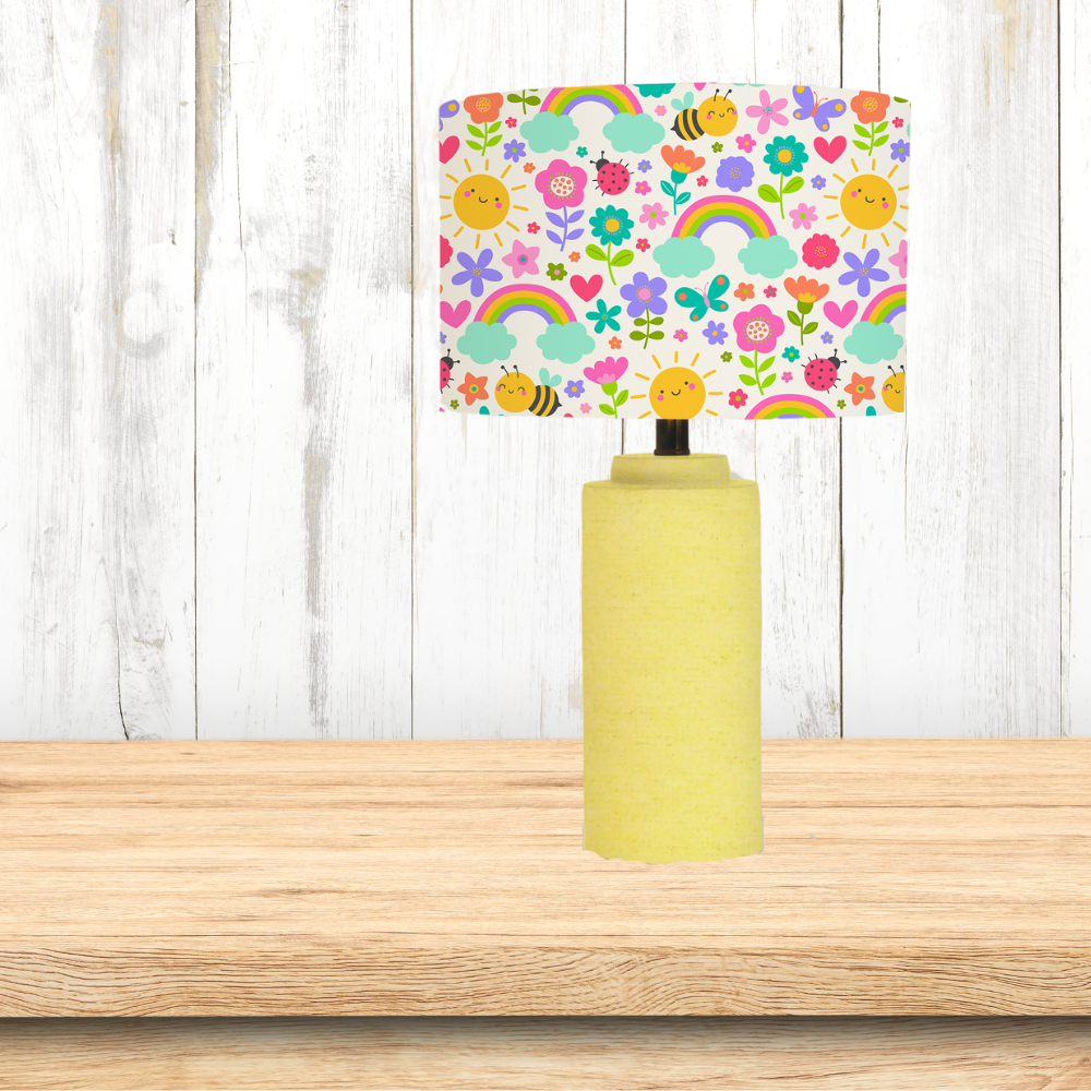 Colourful Rainbows Lampshade, Bees, Clouds, Flowers and Butterflies, Nursery Children's Bedroom, Drum Ceiling Lamp Light Shade