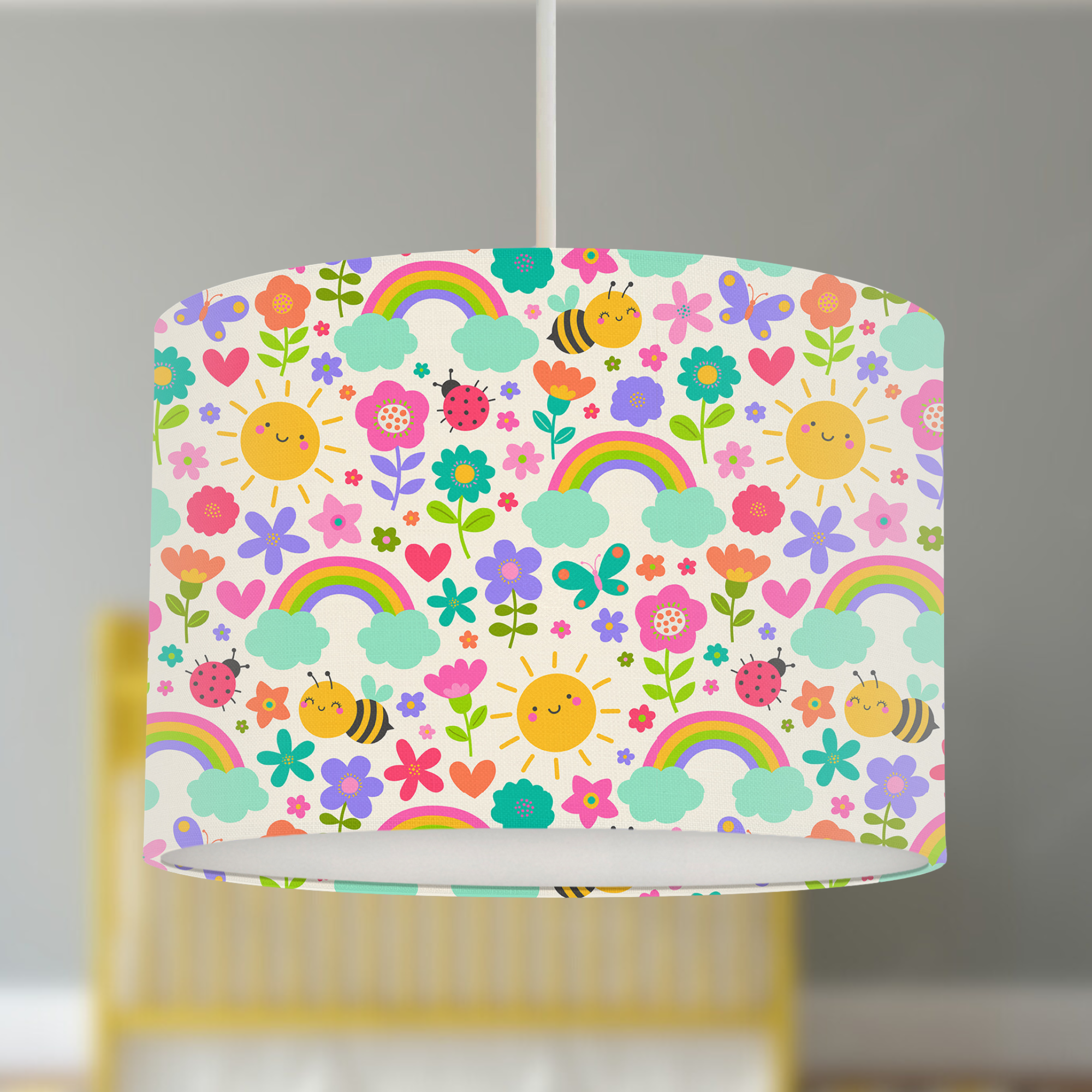 Colourful Rainbows Lampshade, Bees, Clouds, Flowers and Butterflies, Nursery Children's Bedroom, Drum Ceiling Lamp Light Shade