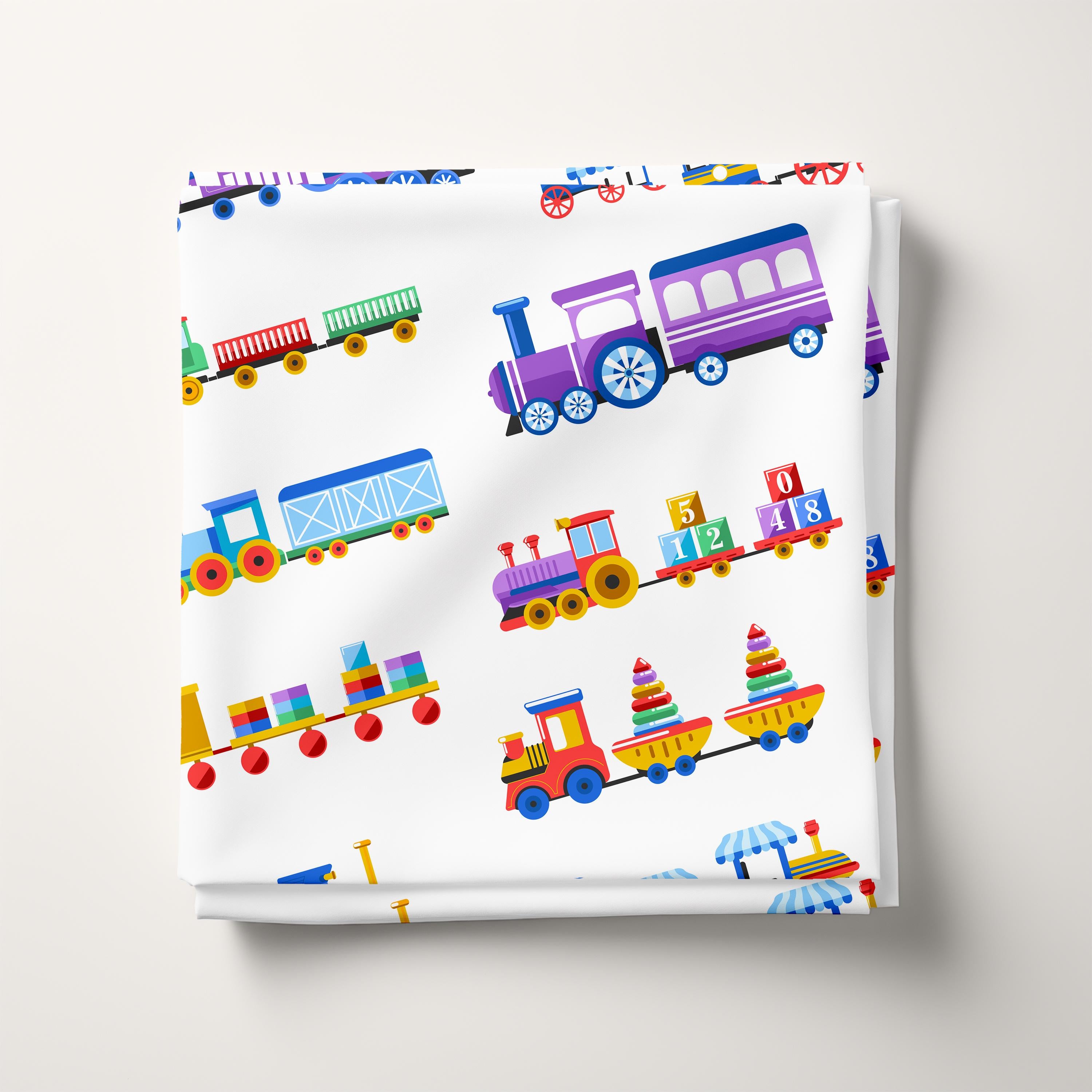 Colourful Trains 100% Cotton Fabric, Children's Novelty Fabric, Primary Bold Colours White Background