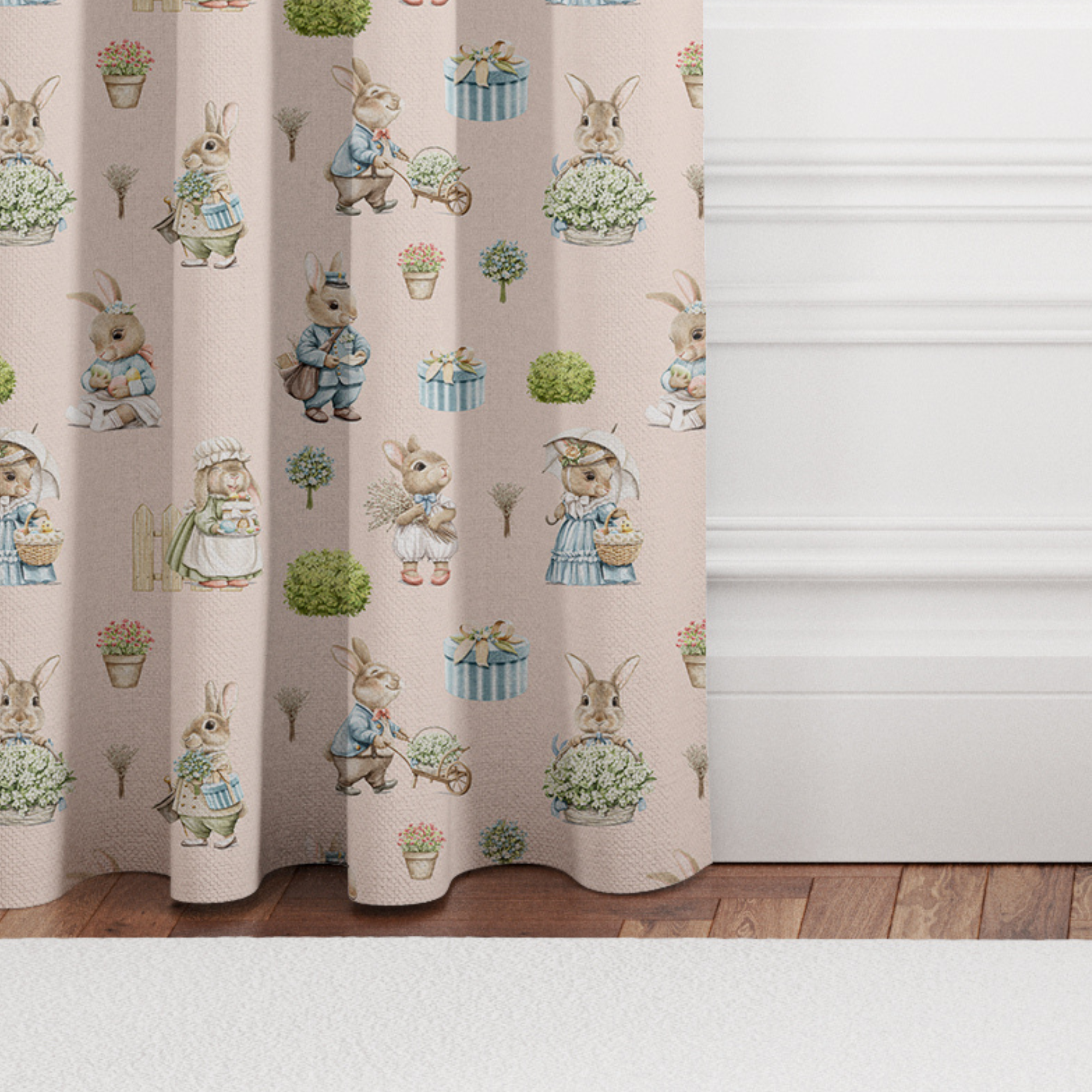 Bunny Family Blackout Lined Curtains, Blush Pink