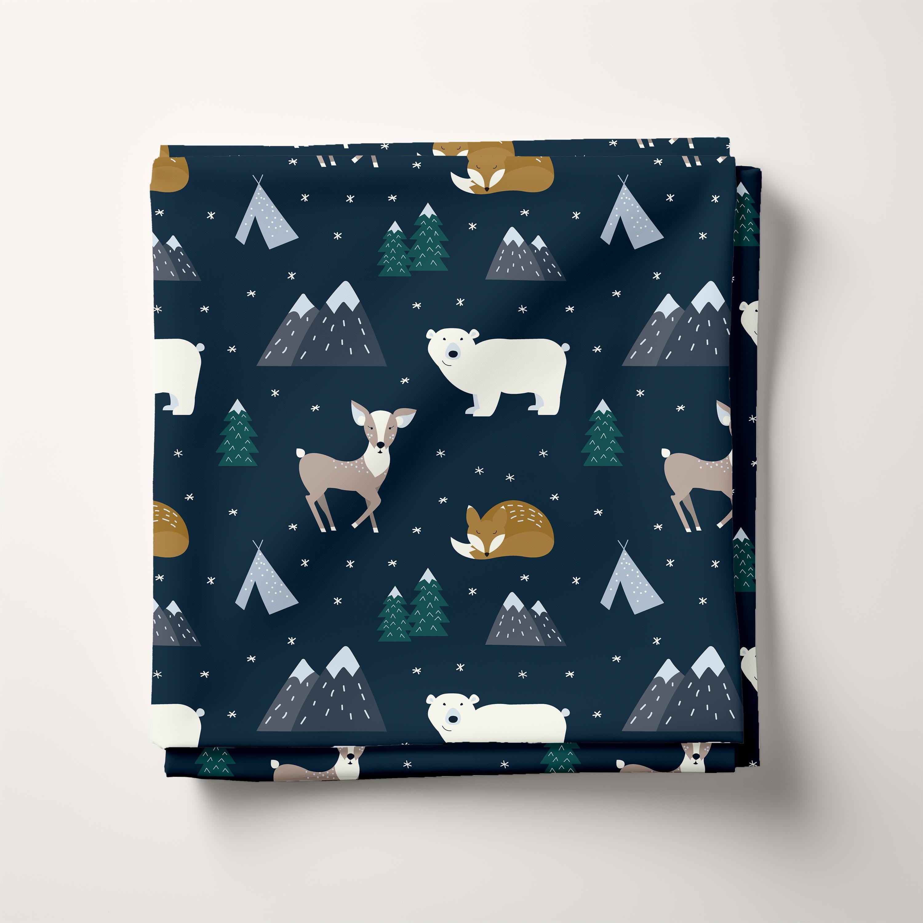 Arctic Animals, Mountains and Fir Trees 100% Cotton Fabric