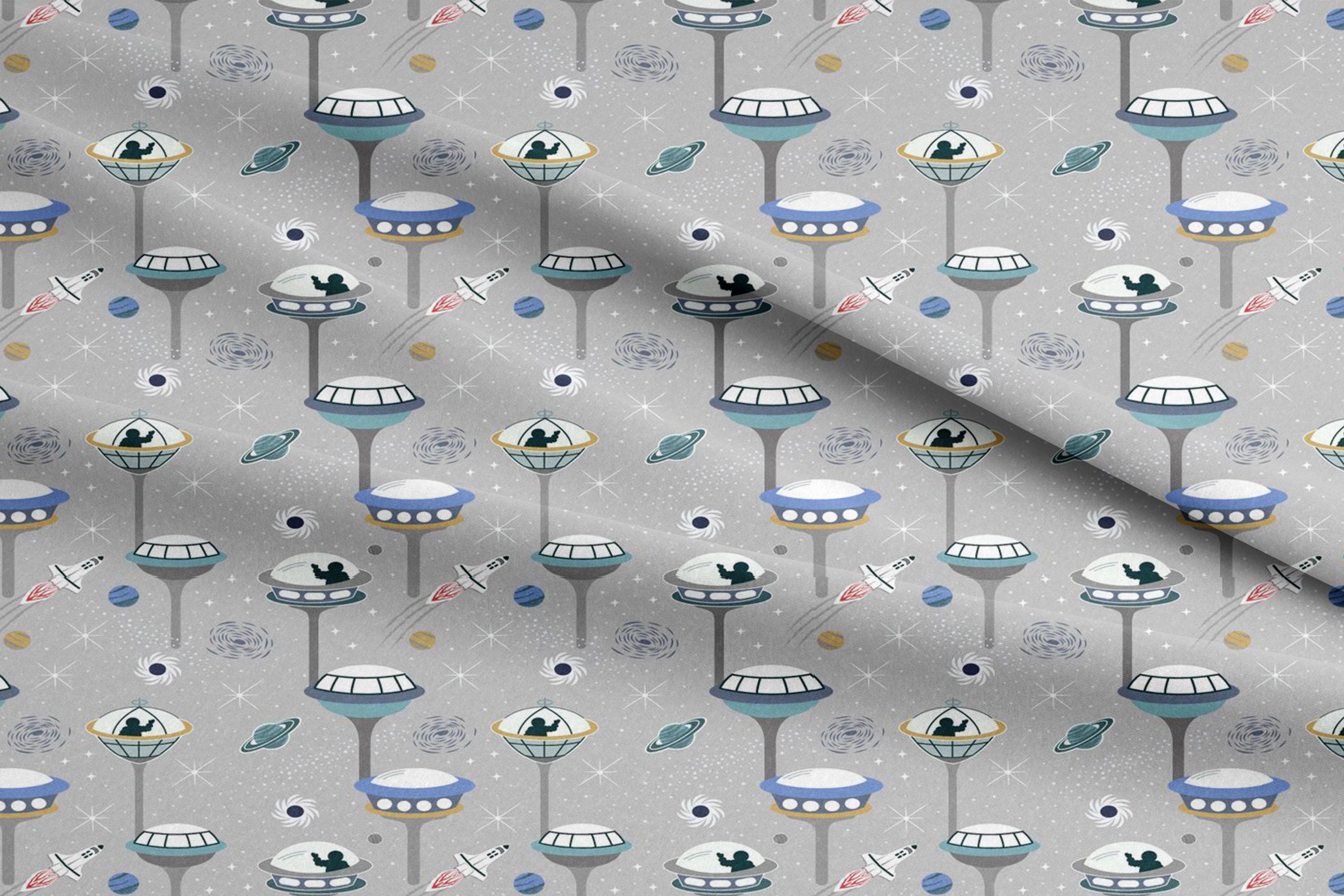 Lewis and Irene Light Years, Glow in the Dark Space City, Grey, 100% Cotton Fabric