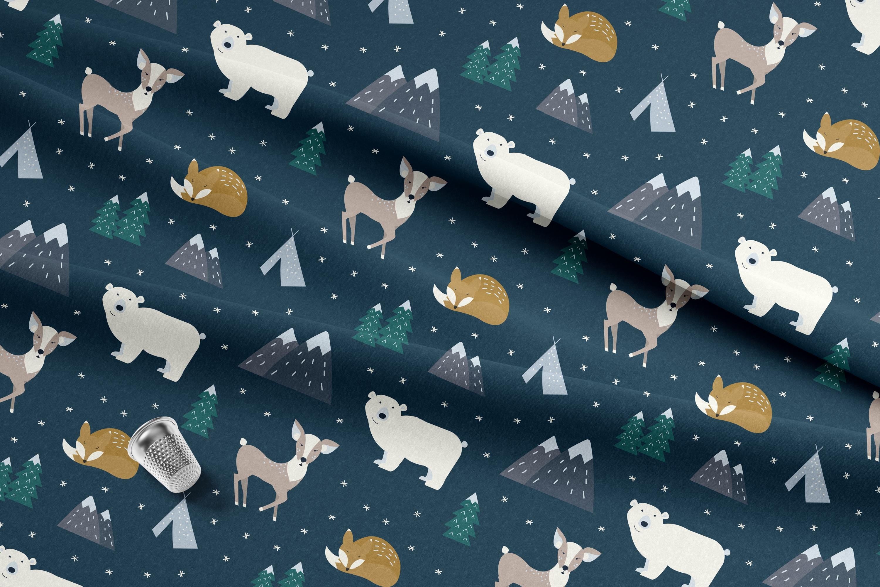 Arctic Animals, Mountains and Fir Trees 100% Cotton Fabric