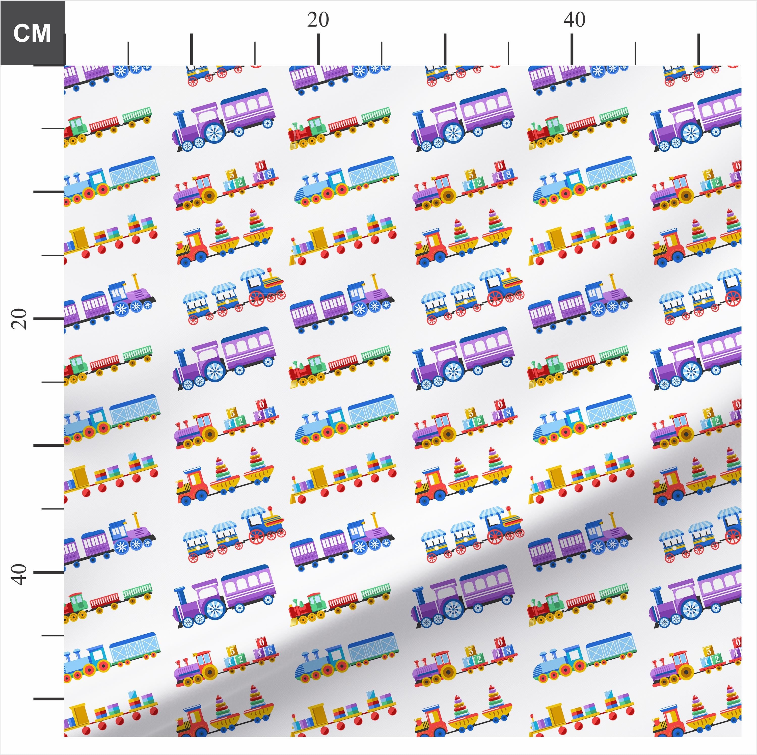 Colourful Trains 100% Cotton Fabric, Children's Novelty Fabric, Primary Bold Colours White Background