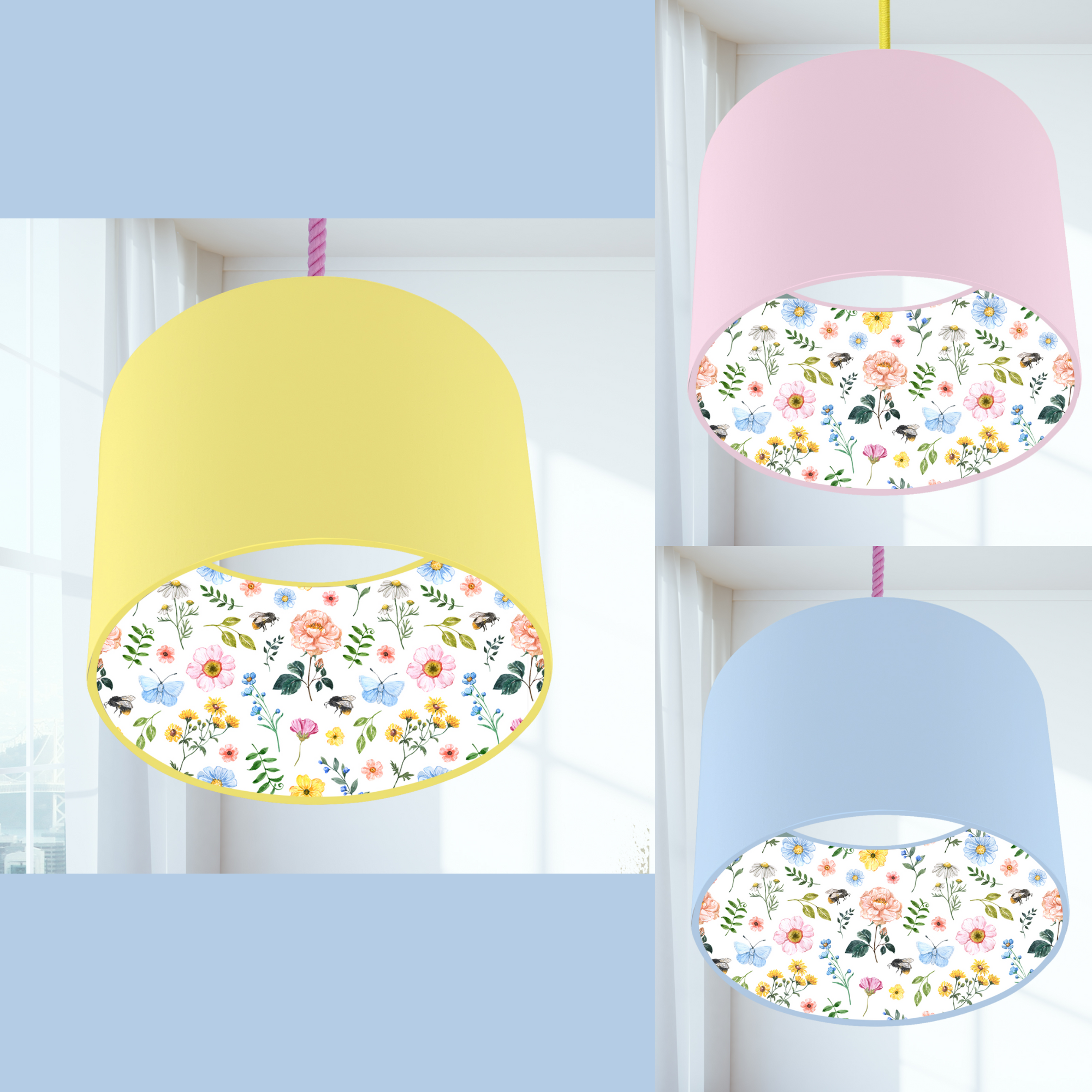 Children's bedroom and nursery lined colourful flowers lampshade, lamp shade, light shade, lightshade in yellow, pink or blue.