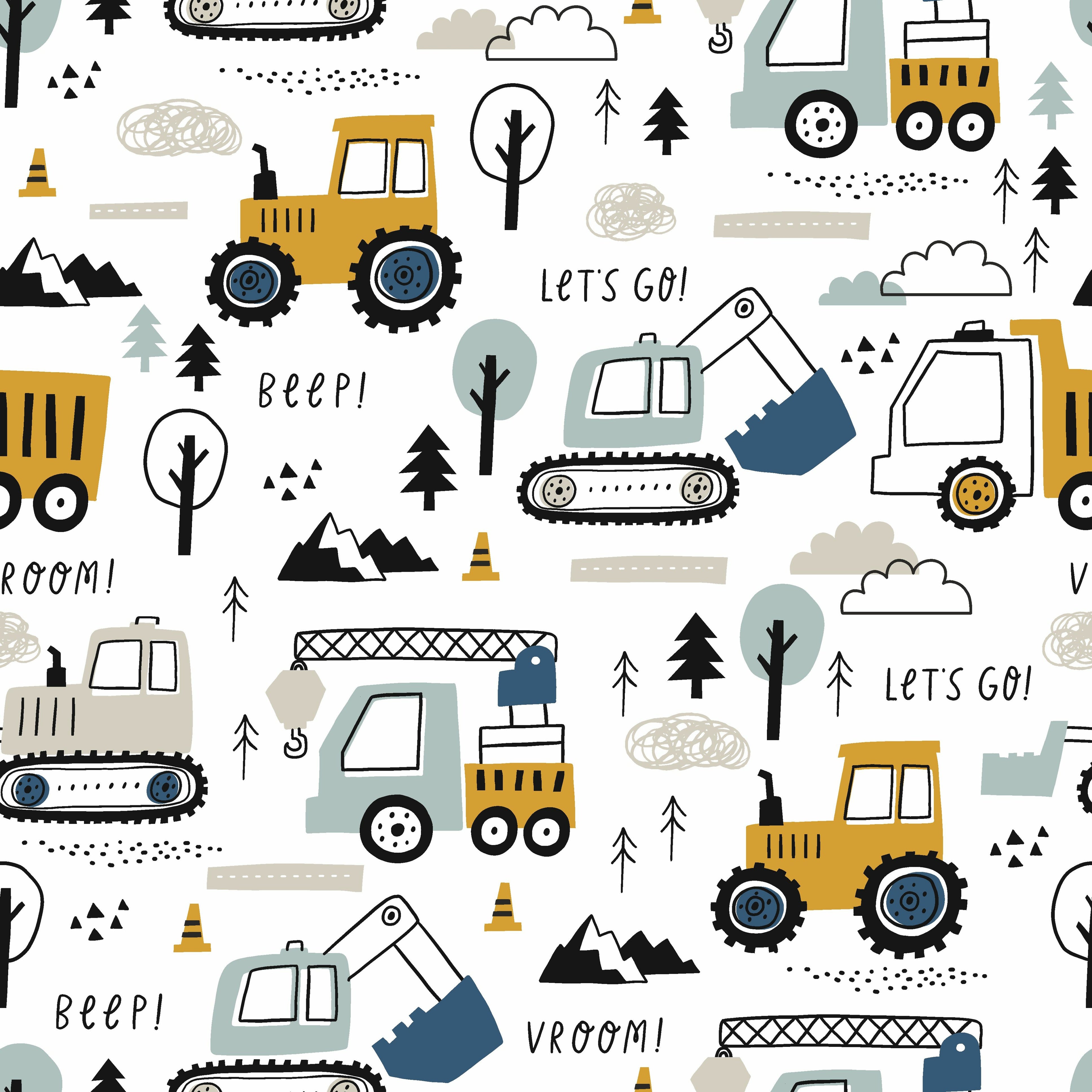 Let's go construction vehicles blackout lined children's bedroom and nursery curtains, pencil pleat or eyelet. Big Little Bedrooms
