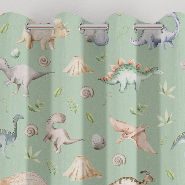 Blackout lined children's bedroom and nursery curtains featuring watercolour dinosaurs on a green background. Made to measure curtains, custom made to your exact requirements by our professionally trained curtain maker.