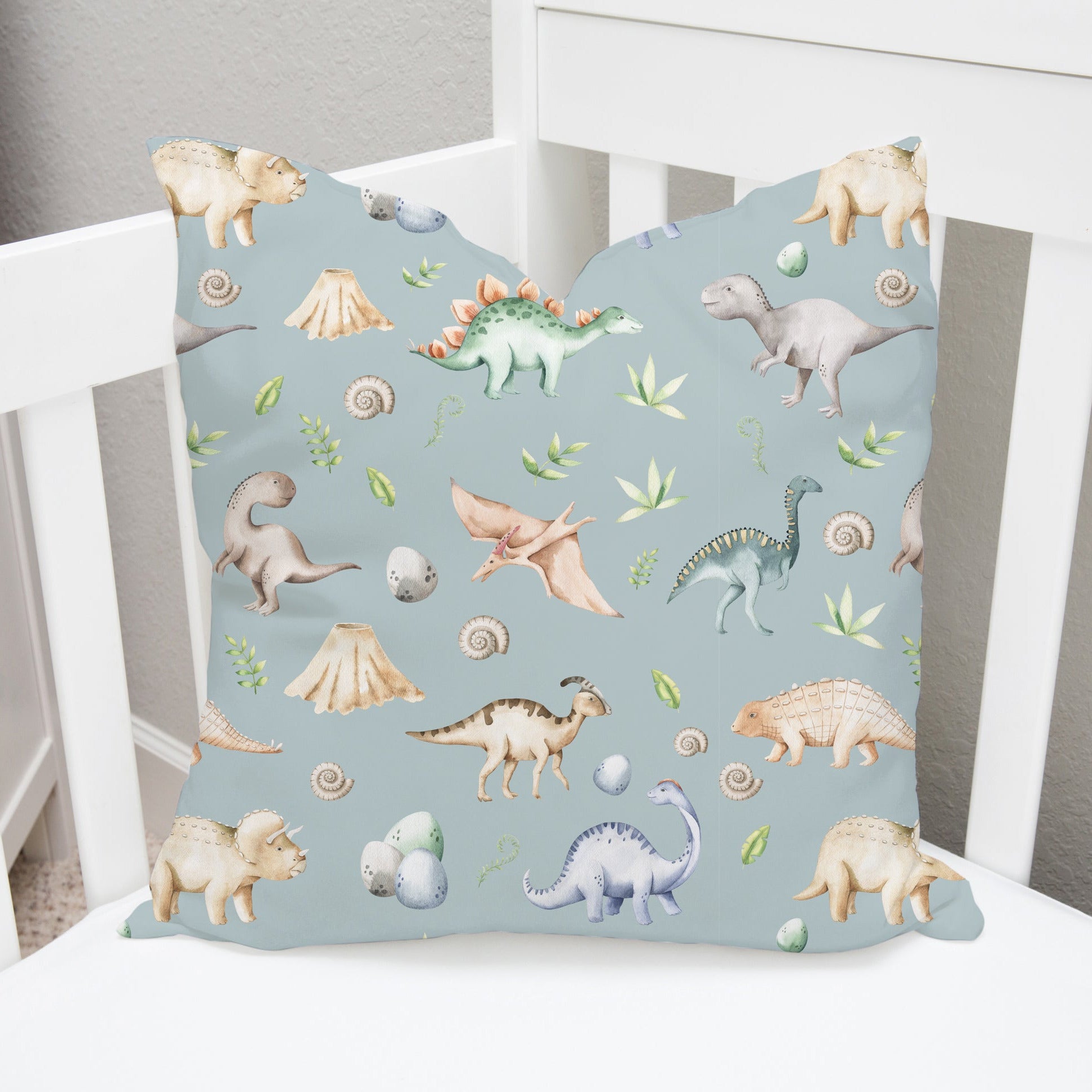 Children's bedroom and nursery watercolour dinosaurs square cotton cushion cover, grey green. Nursery bedding and soft furnishings. Free shipping.