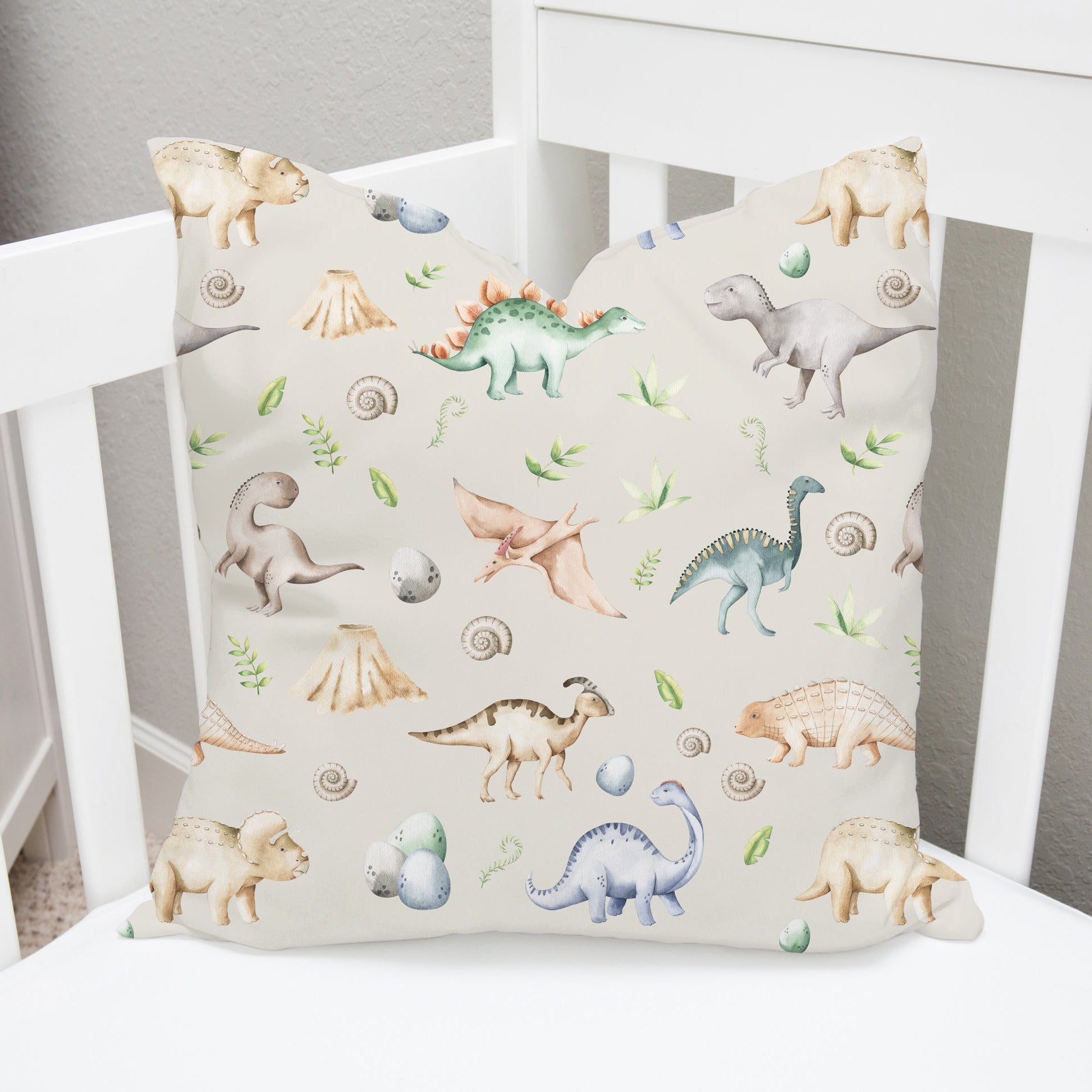 Children's bedroom and nursery watercolour dinosaurs square cotton cushion cover, natural. Nursery bedding and soft furnishings. Free shipping.