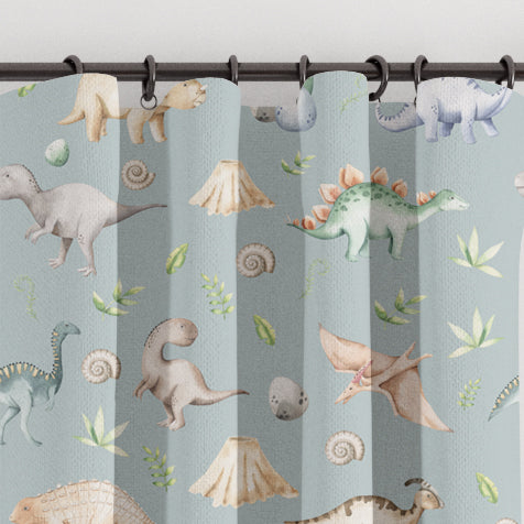 Grey green watercolour dinosaur bespoke children's bedroom and nursery blackout lined curtains, eyelet or pencil pleat.