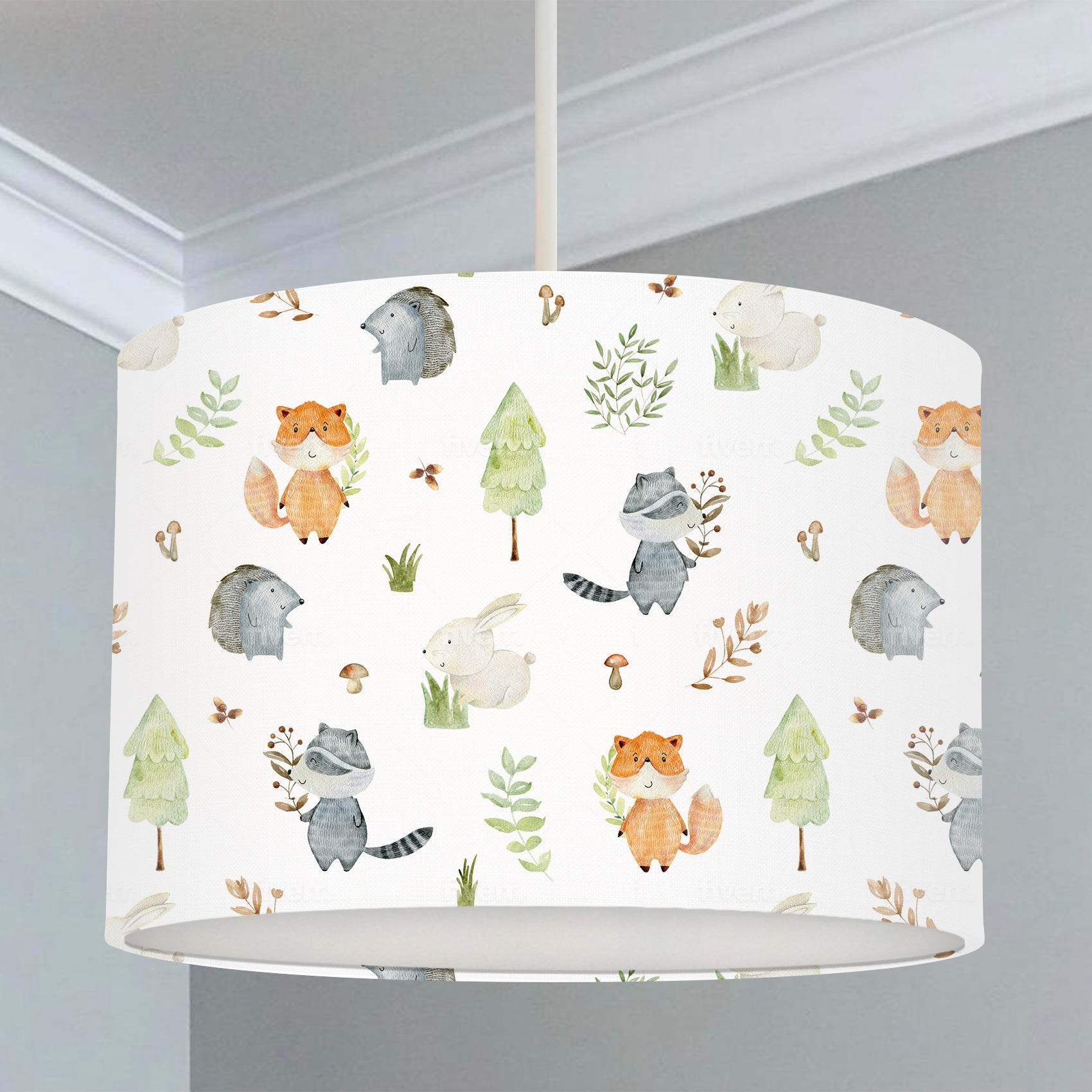 Children's bedroom and nursery lampshade, woodland animals, squirrels, rabbits, hedgehogs, plant leaves, trees, and mushrooms.