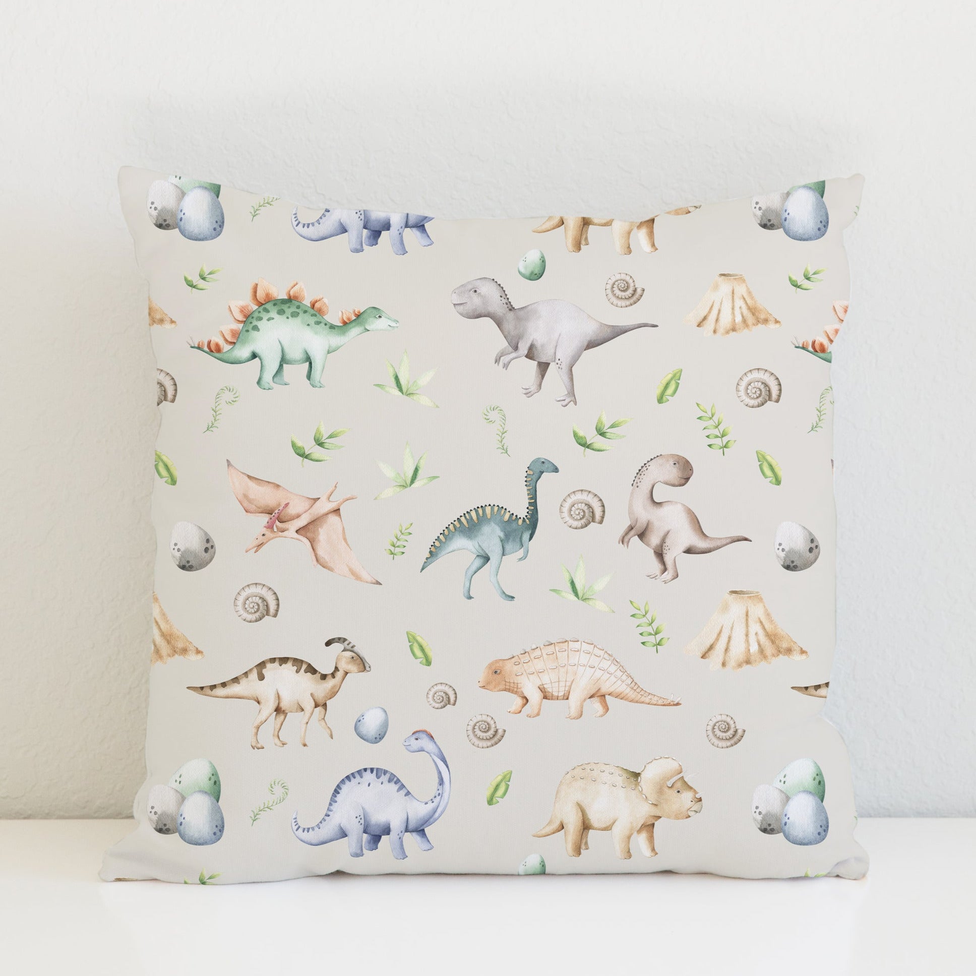 Children's bedroom and nursery watercolour dinosaurs square cotton cushion cover, natural. Nursery bedding and soft furnishings. Free shipping.