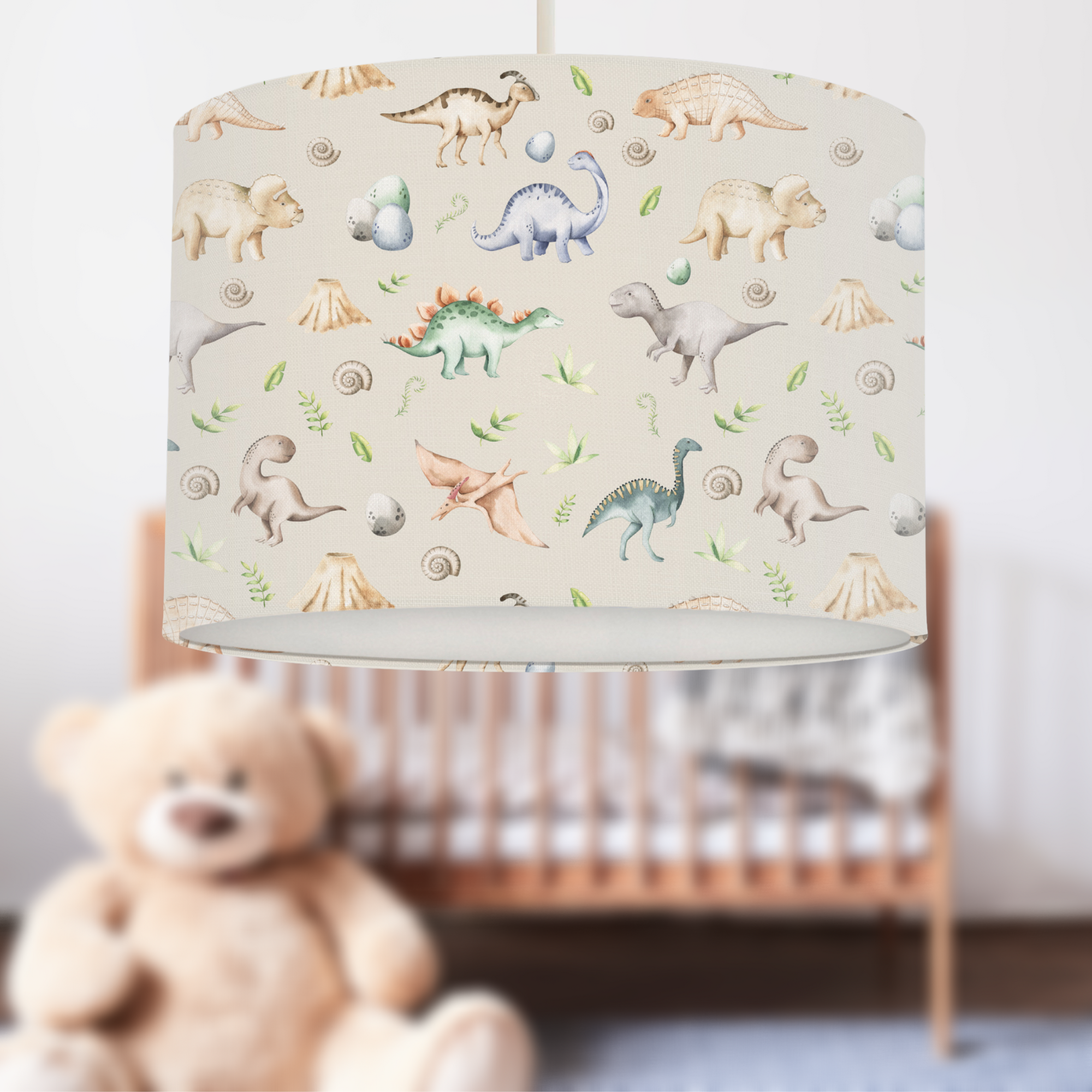 children's bedroom or nursery watercolour dinosaurs lampshade, natural beige.
