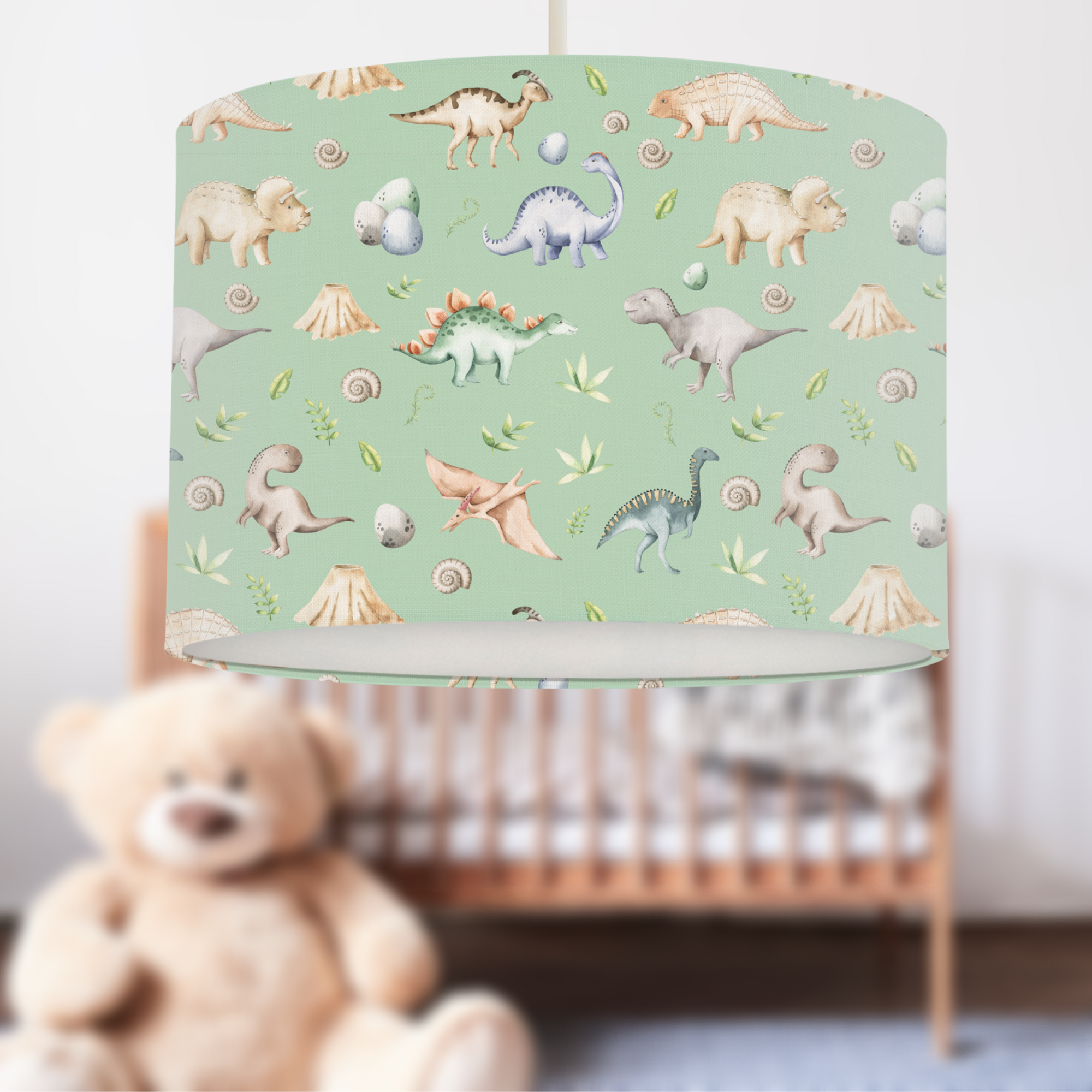 children's bedroom or nursery watercolour dinosaurs lampshade, green.