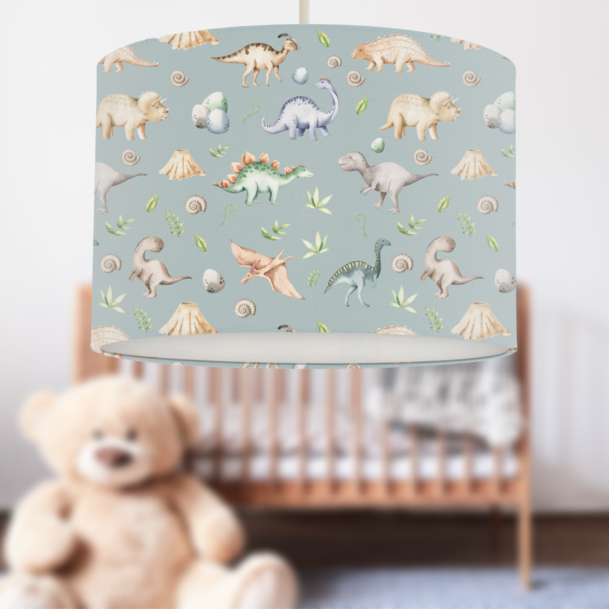 Children's bedroom or nursery watercolour dinosaurs lampshade, grey green.