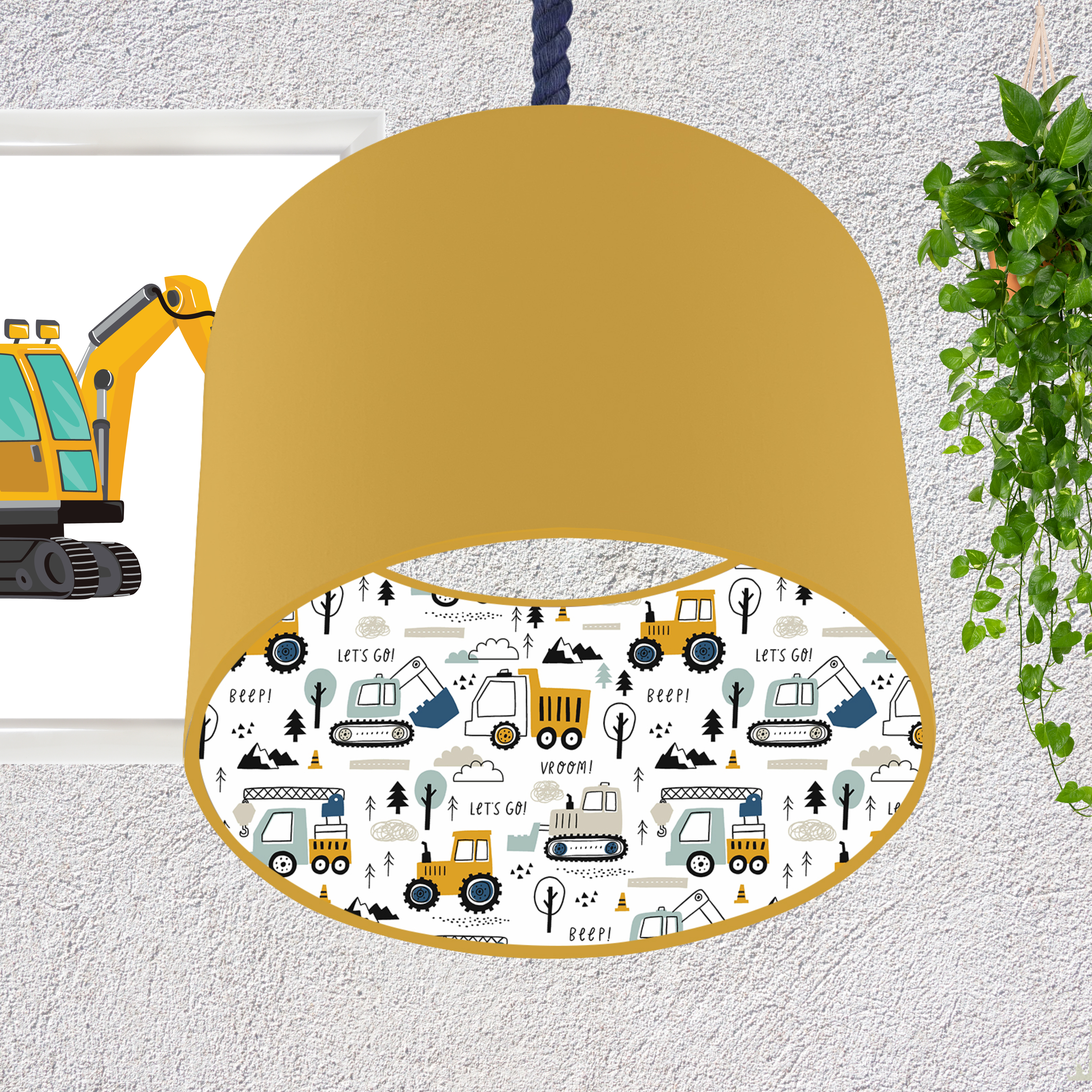 This fun lined ceiling lampshade features our best selling 'Let's Go' pattern featuring construction vehicles including cranes, tractors and diggers on the inside, and your choice of a solid blue, mustard or grey on the outside.