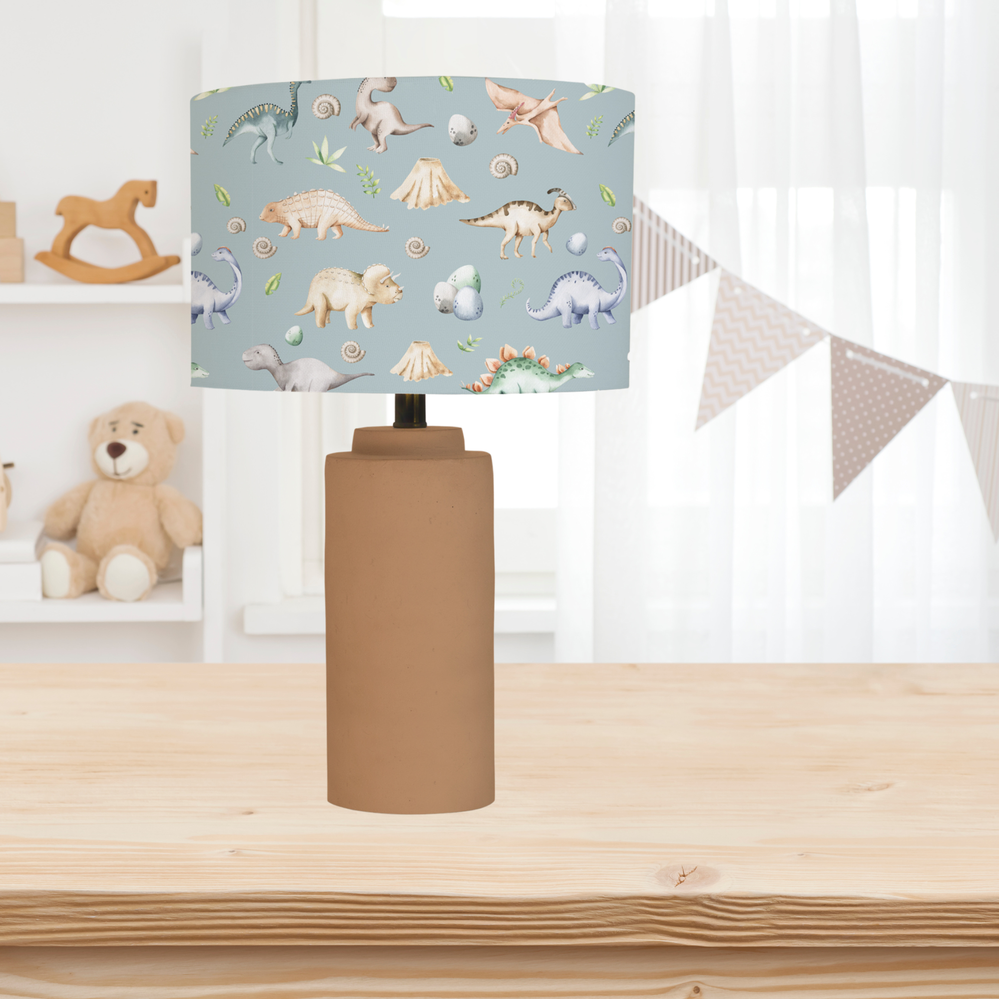Soft green watercolour dinosaurs children's bedroom and nursery gender neutral lampshade