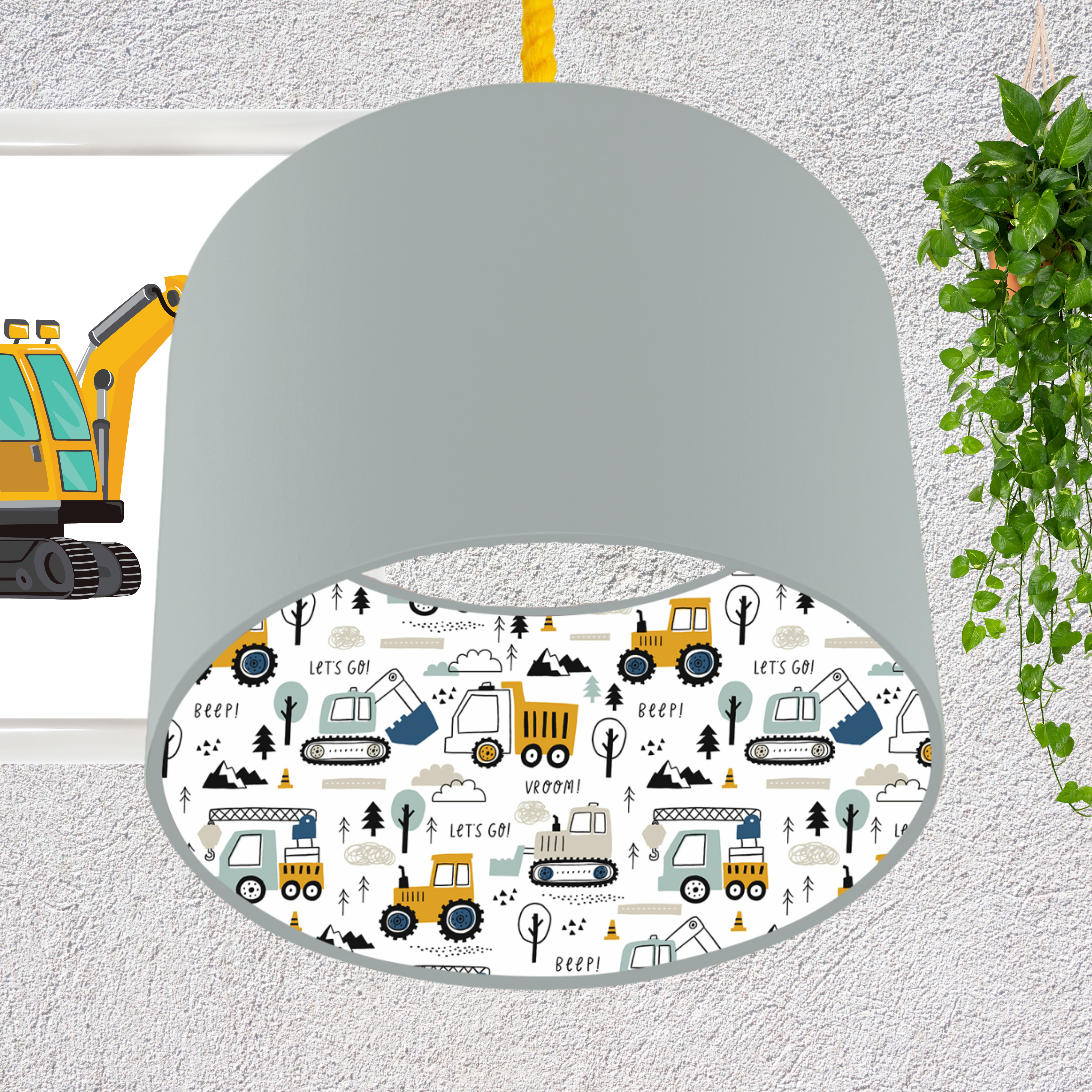 This fun lined ceiling lampshade features our best selling 'Let's Go' pattern featuring construction vehicles including cranes, tractors and diggers on the inside, and your choice of a solid blue, mustard or grey on the outside.