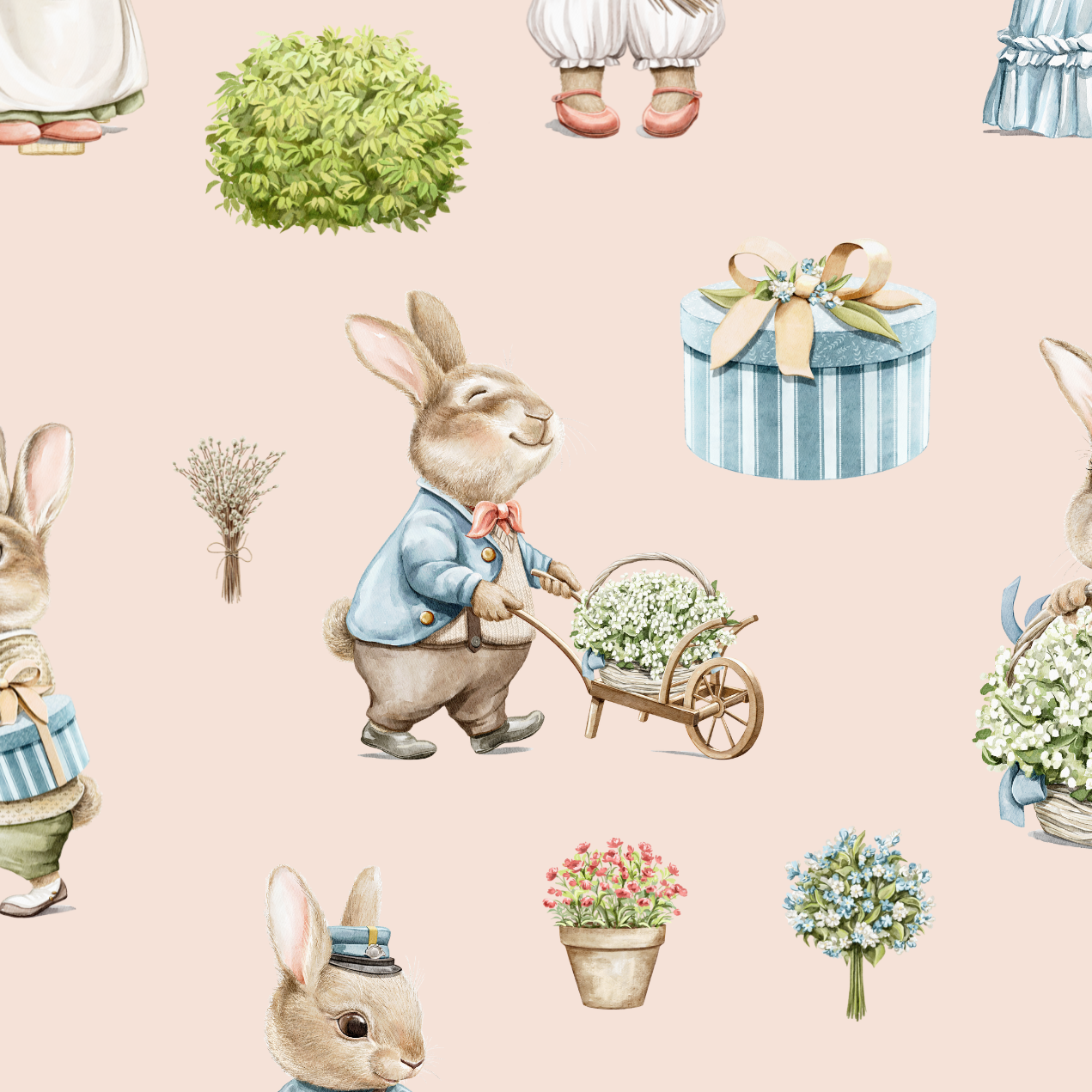 Bunny rabbit family fitted nursery cot sheet, blush pink