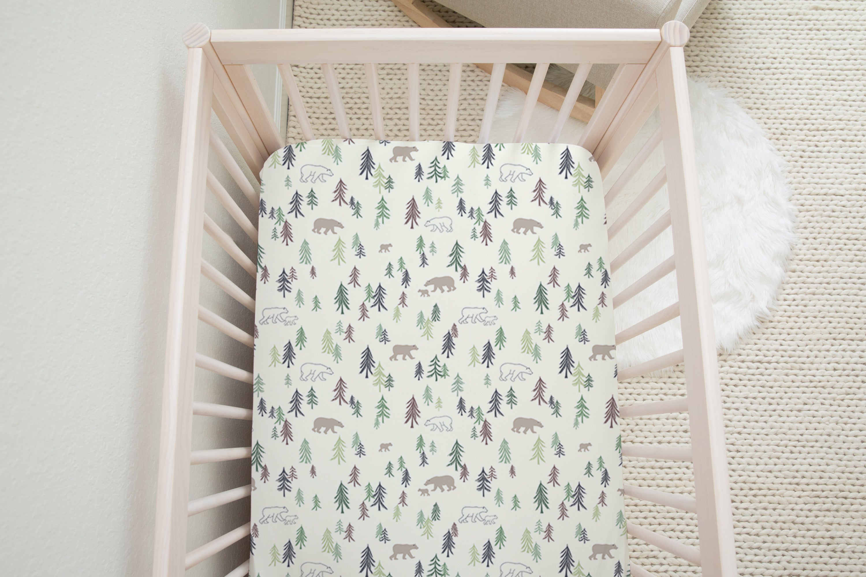 Bear and fir tree nursery fitted cot sheet green and brown