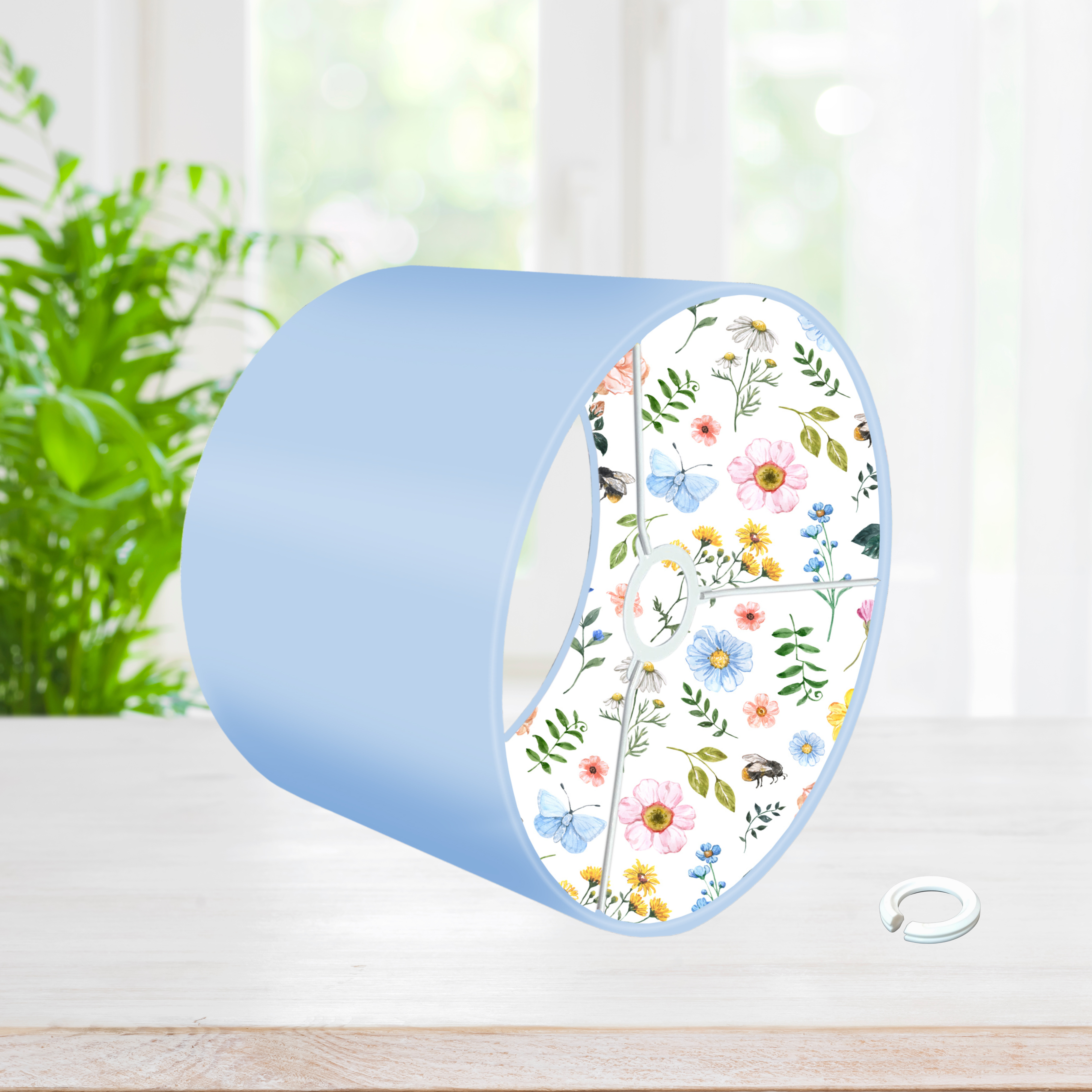 Children's bedroom and nursery lined colourful flowers lampshade, lamp shade, light shade, lightshade in yellow, pink or blue.