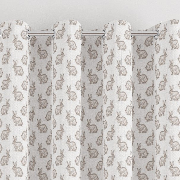 eyelet little rabbits print children's bedroom and nursery curtains, brown and white.