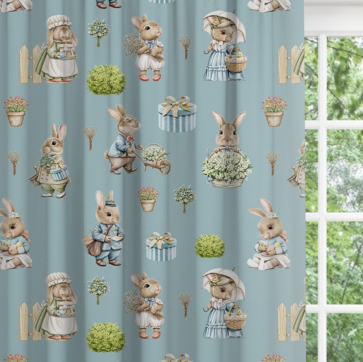 Bunny family blackout lined children's bedroom and nursery curtains, pencil pleat and eyelet, seagrass blue