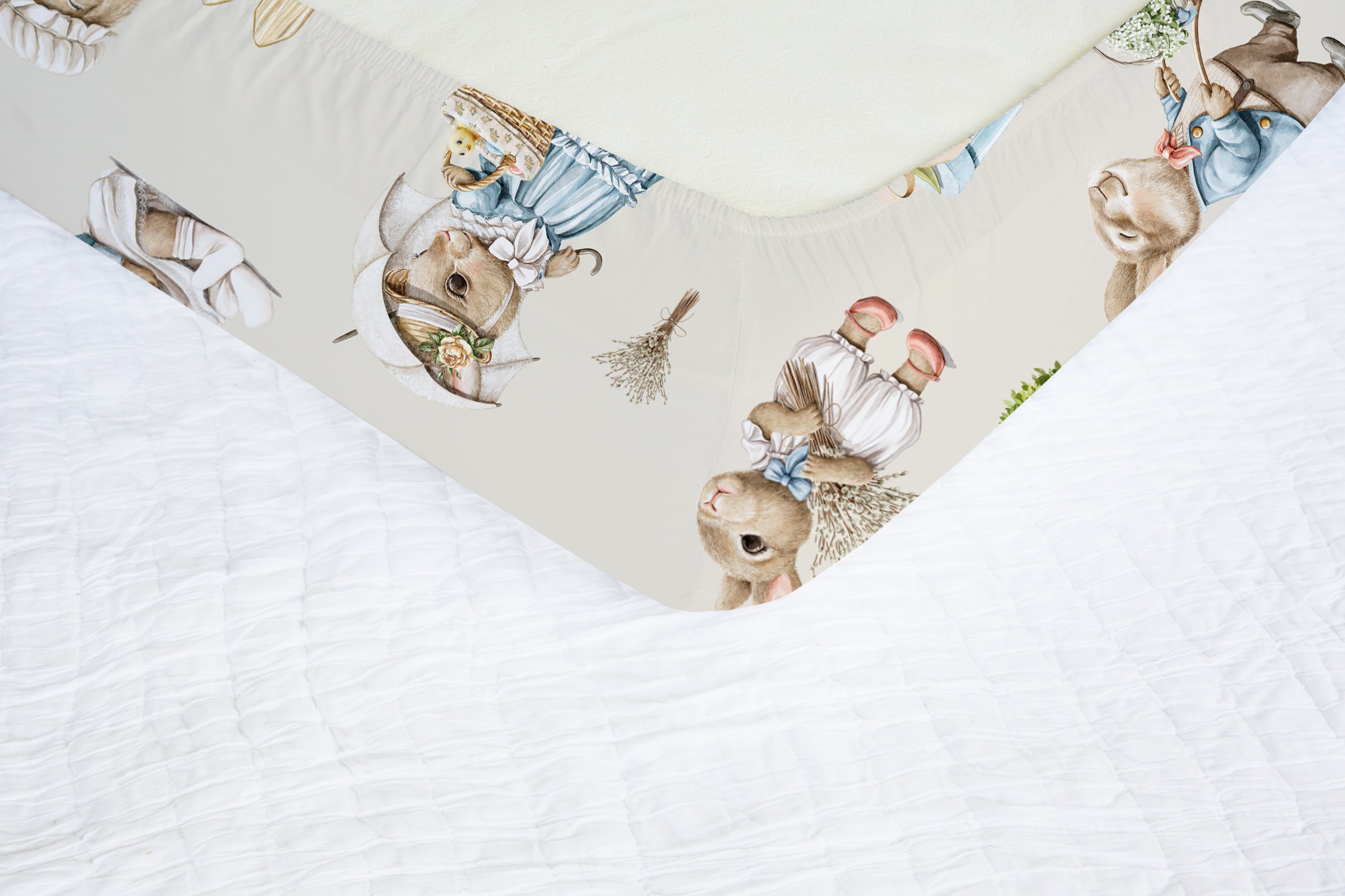 Bunny rabbit family fitted nursery cot sheet, vintage linen, gender neutral