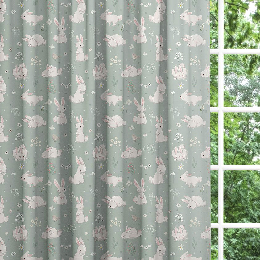 Bunny rabbit blackout lined childrens bedroom and nursery curtains, sage green