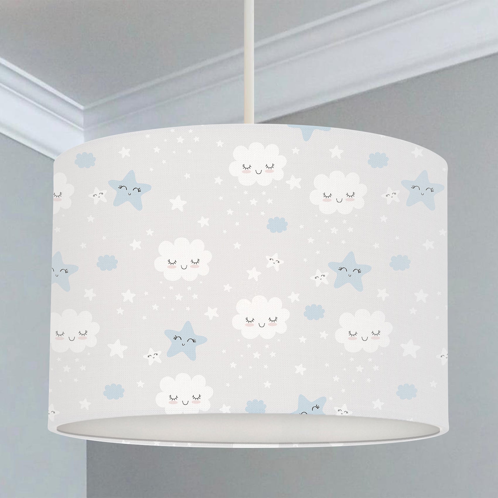 Children's bedroom and nursery lampshade, grey and white, smiling clouds, and smiling stars.