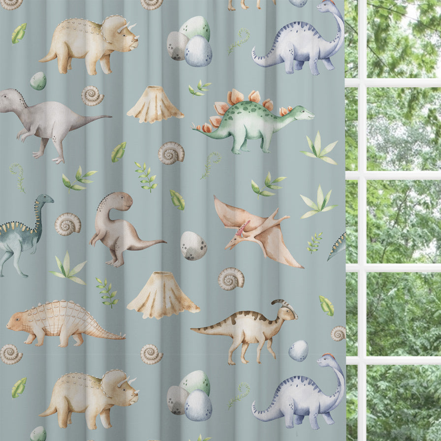 Grey green watercolour dinosaur bespoke children's bedroom and nursery blackout lined curtains, eyelet or pencil pleat.