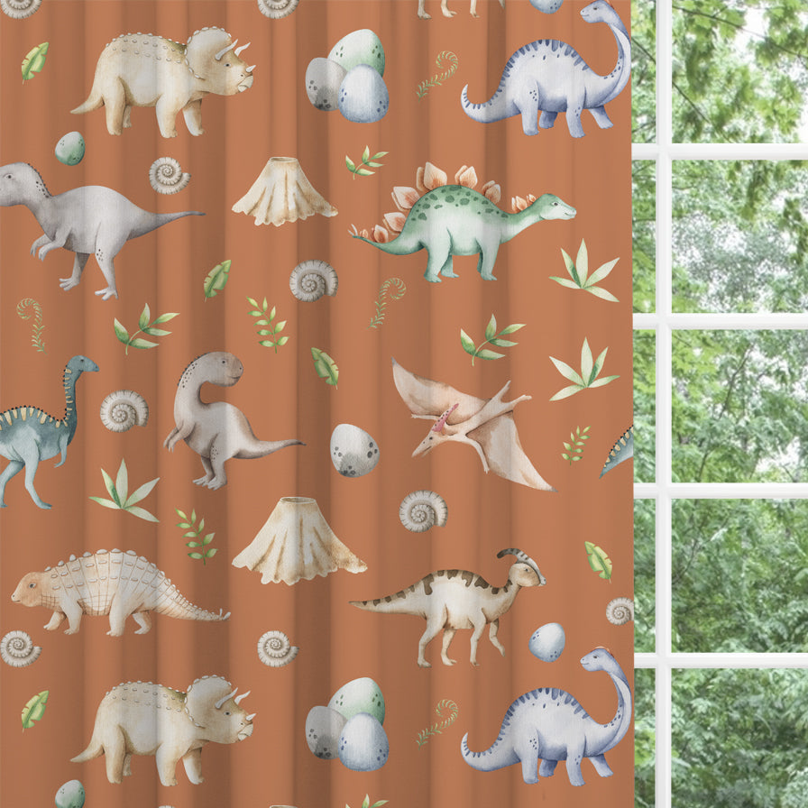 Blackout lined children's bedroom and nursery curtains featuring watercolour dinosaurs on a terracotta background. Made to measure curtains, custom made to your exact requirements by our professionally trained curtain maker.