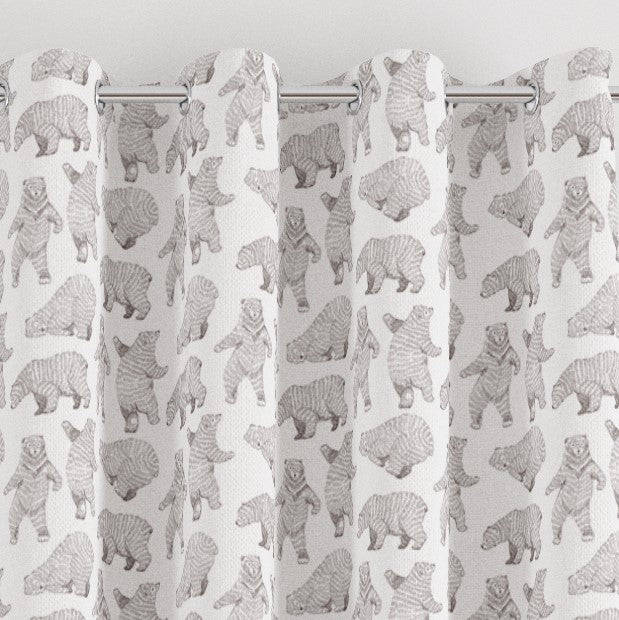 eyelet dancing bear print children's bedroom and nursery curtains, brown, and white.