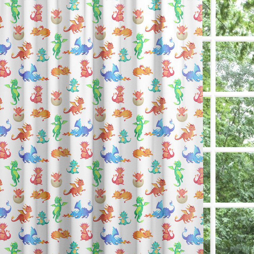 Backout lined children's bedroom and nursery curtains, colourful dragon babies.