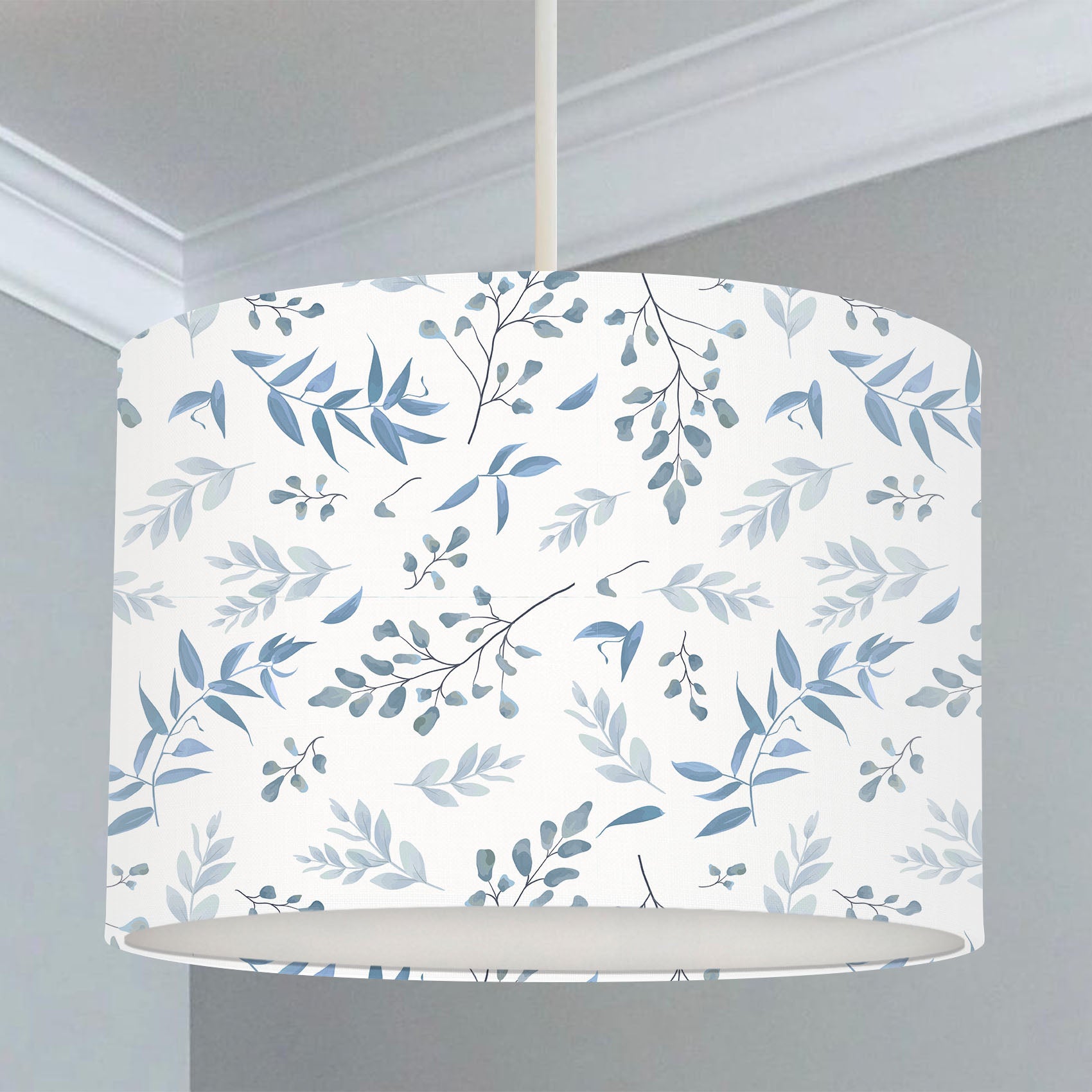 Children's bedroom and nursery lampshade, grey and blue leaves.