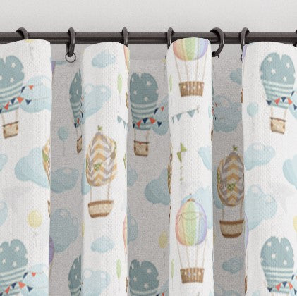 Pencil pleat children's bedroom and nursery curtains in hot air balloons print. Big Little Bedrooms. Free Shipping.