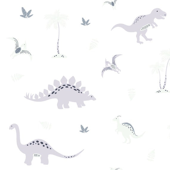 Dinosaurs in soft greys on a white background, children's bedroom and nursery decor. Big Little Bedrooms. Free Shipping.