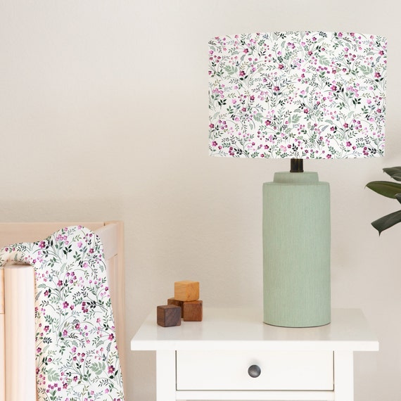 Miniature pink and green flowers, children's bedroom and nursery lampshade lightshade for ceiling fitting or lamp base.