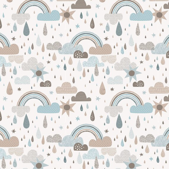 Rainbows, clouds and raindrops in brown and blue, children's bedroom and nursery décor. Big Little Bedrooms. Free Shipping.