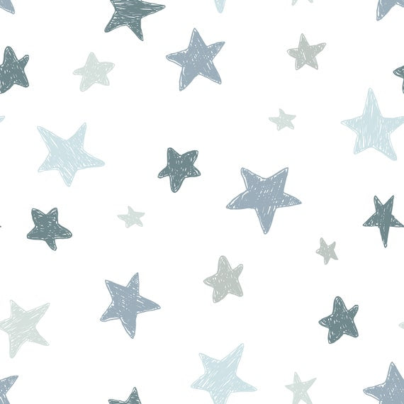 Grey and blue abstract stars on a white background, children's bedroom and nursery decor. Big Little Bedrooms. Free Shipping.