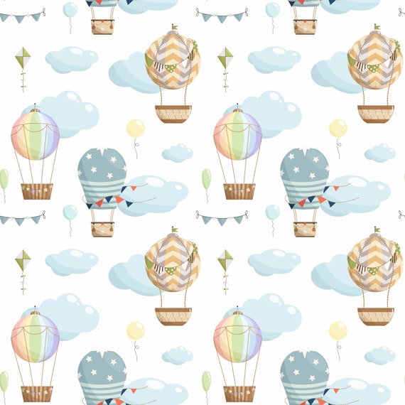 Hot air balloons in a cloudy sky, gender neutral, children's bedroom and nursery decor. Big Little Bedrooms. Free Shipping.