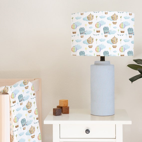 Hot air balloons in a cloudy sky, gender neutral, children's bedroom and nursery lampshade lightshade for ceiling fitting or lamp base.