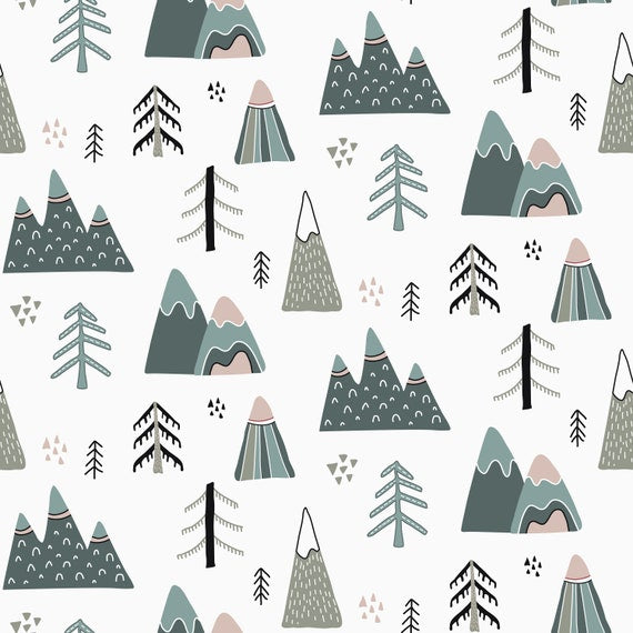 Wilderness inspired mountain and fir tree print, children's bedroom and nursery decor. Big Little Bedrooms. Free Shipping.