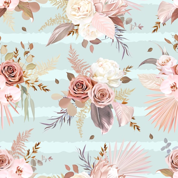 Dusky pink florals on mint green stripes children's bedroom and nursery décor. Big Little Bedrooms. Free Shipping.